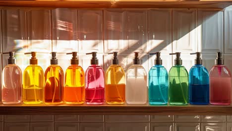 colorful soap dispensers on a wooden shelf