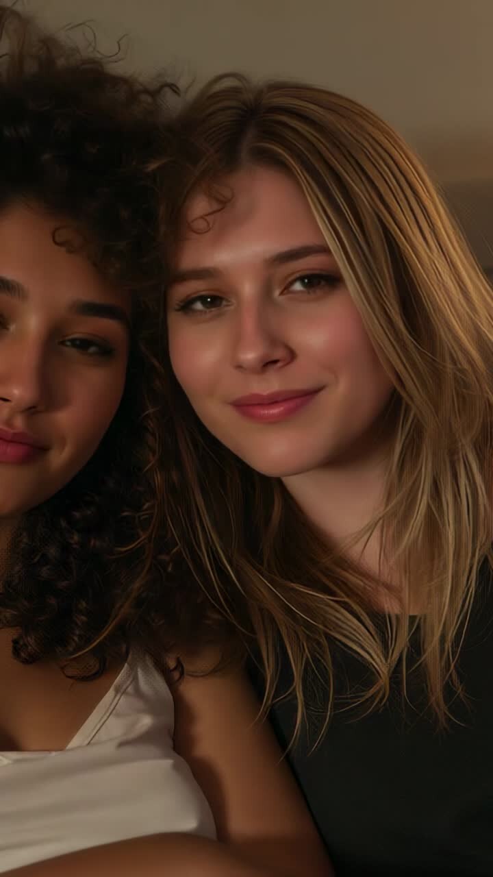 Video verticale: registrazione di due donne abbracciate su un divano, quella a destra sorride, canotta bianca, top scuro