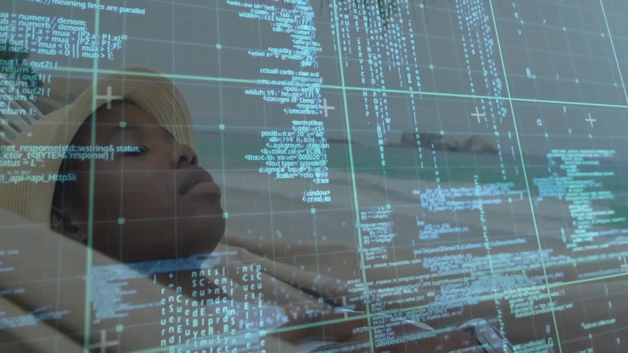 woman reclining on beach, showing green gridlines and scrolling code for technology theme