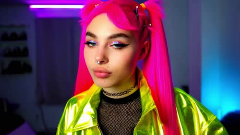 portrait of a woman with pink hair and neon makeup