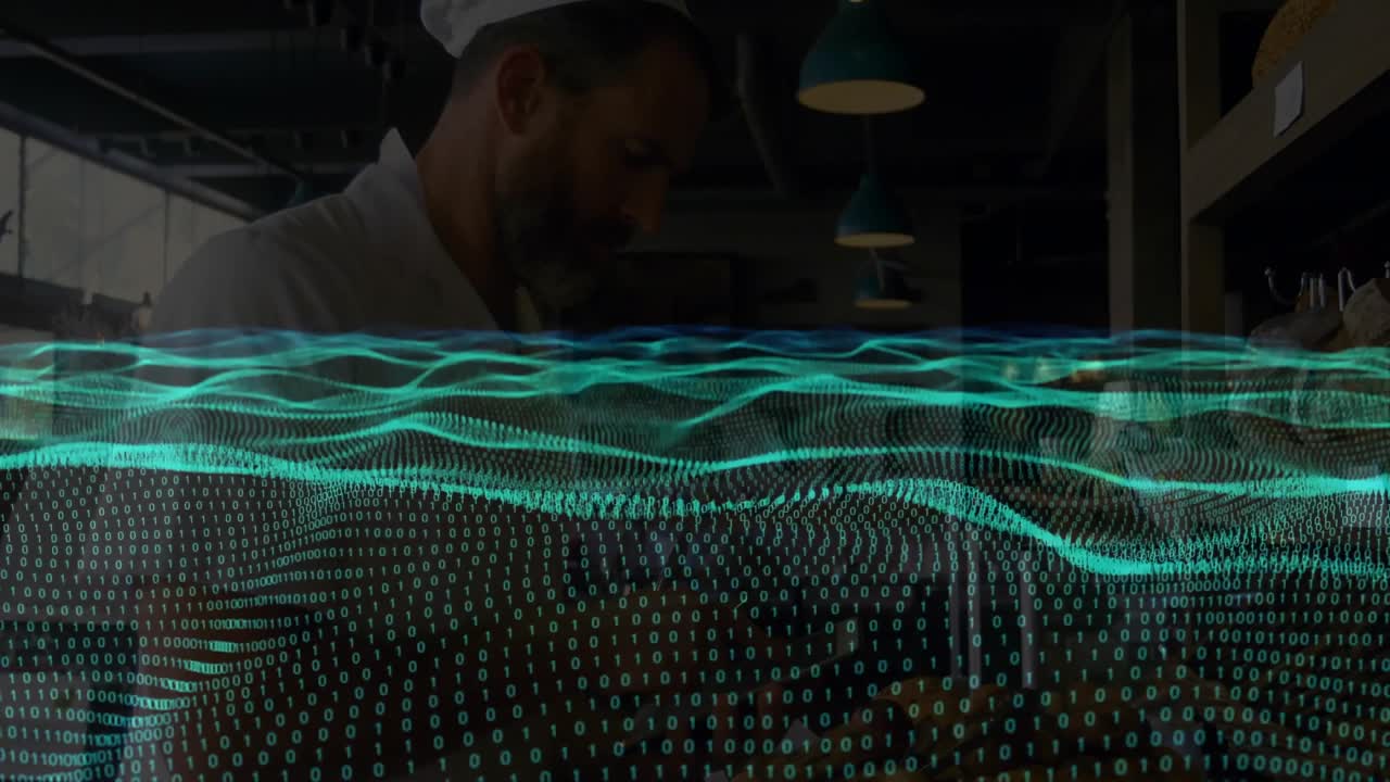 teal binary waves flowing over bakery counter activating baker inspecting dough loaves with overlay