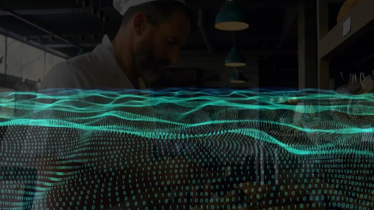 teal binary waves flowing over bakery counter activating baker inspecting dough loaves with overlay