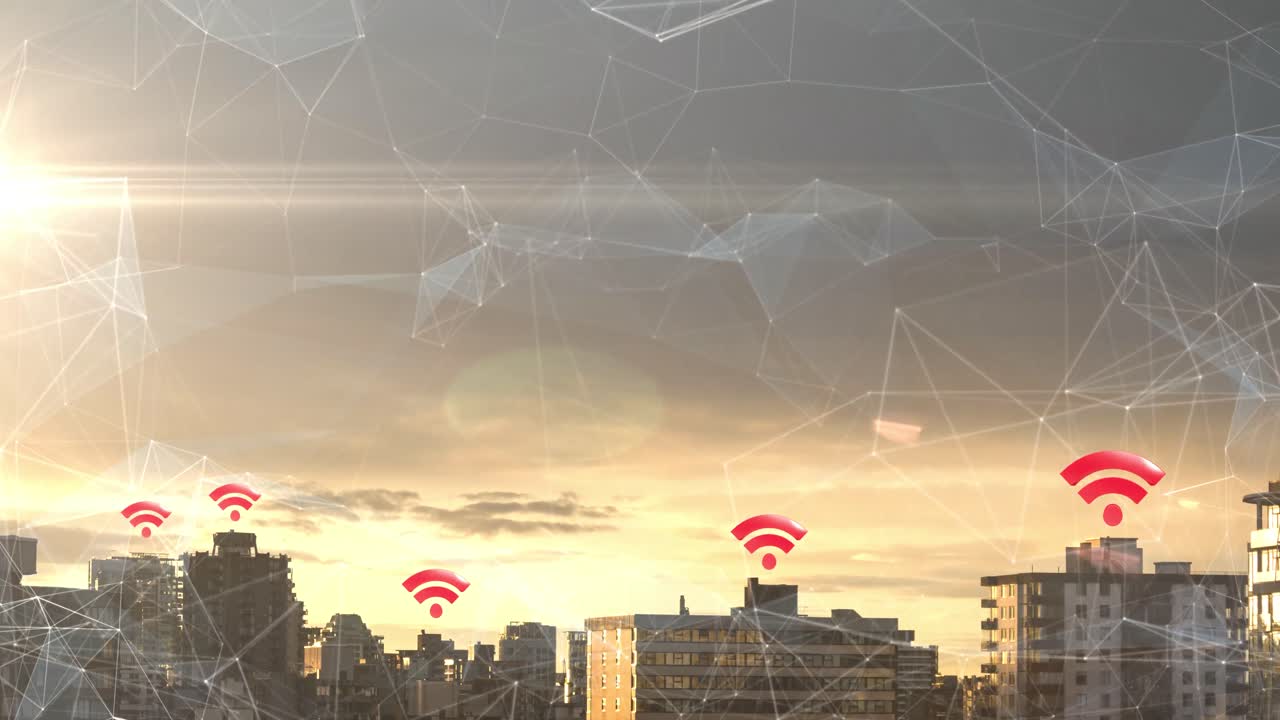 animación de múltiples símbolos wifi rojos sobre la red de conexiones y el paisaje urbano