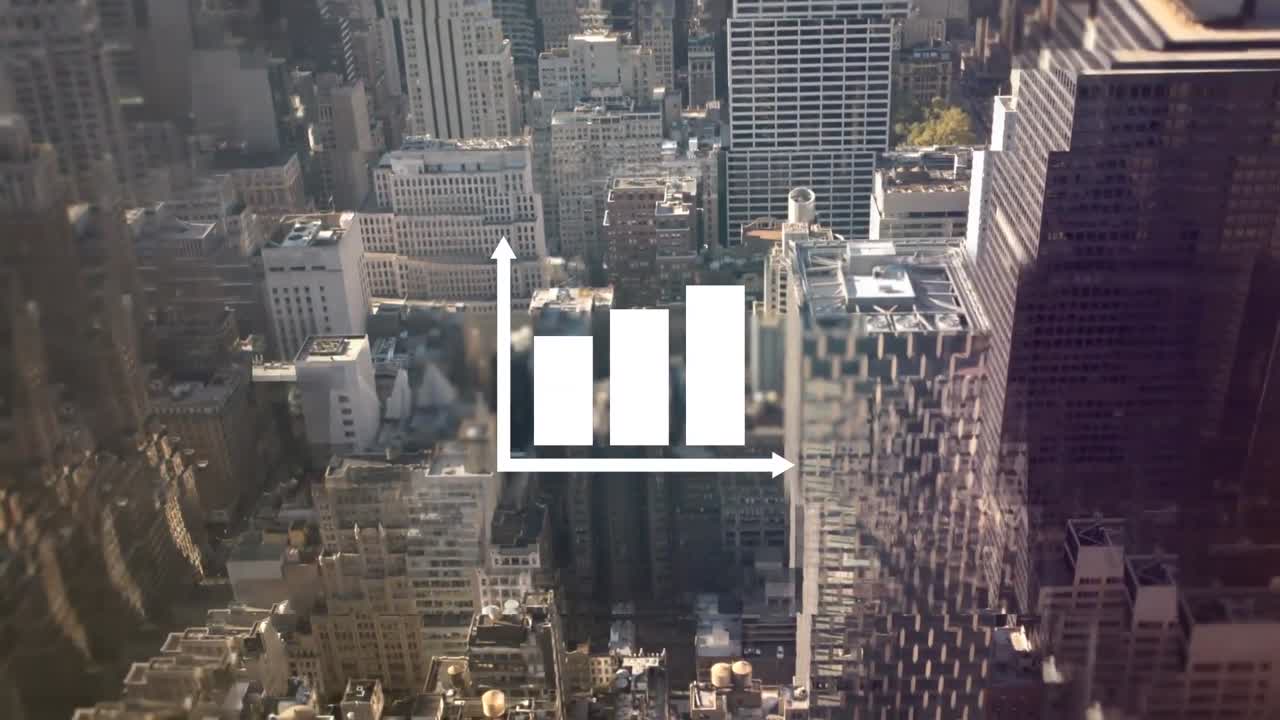 Animazione di elaborazione dati statistici su un paesaggio urbano.