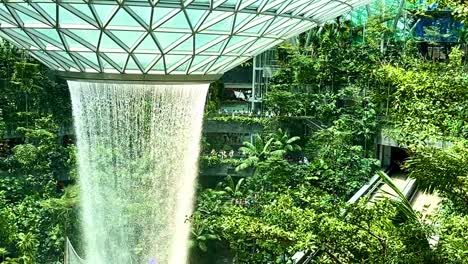 singapore jewel indoor slomo waterfall vortex at changi airport - whip pan left tree canopy to waterfall