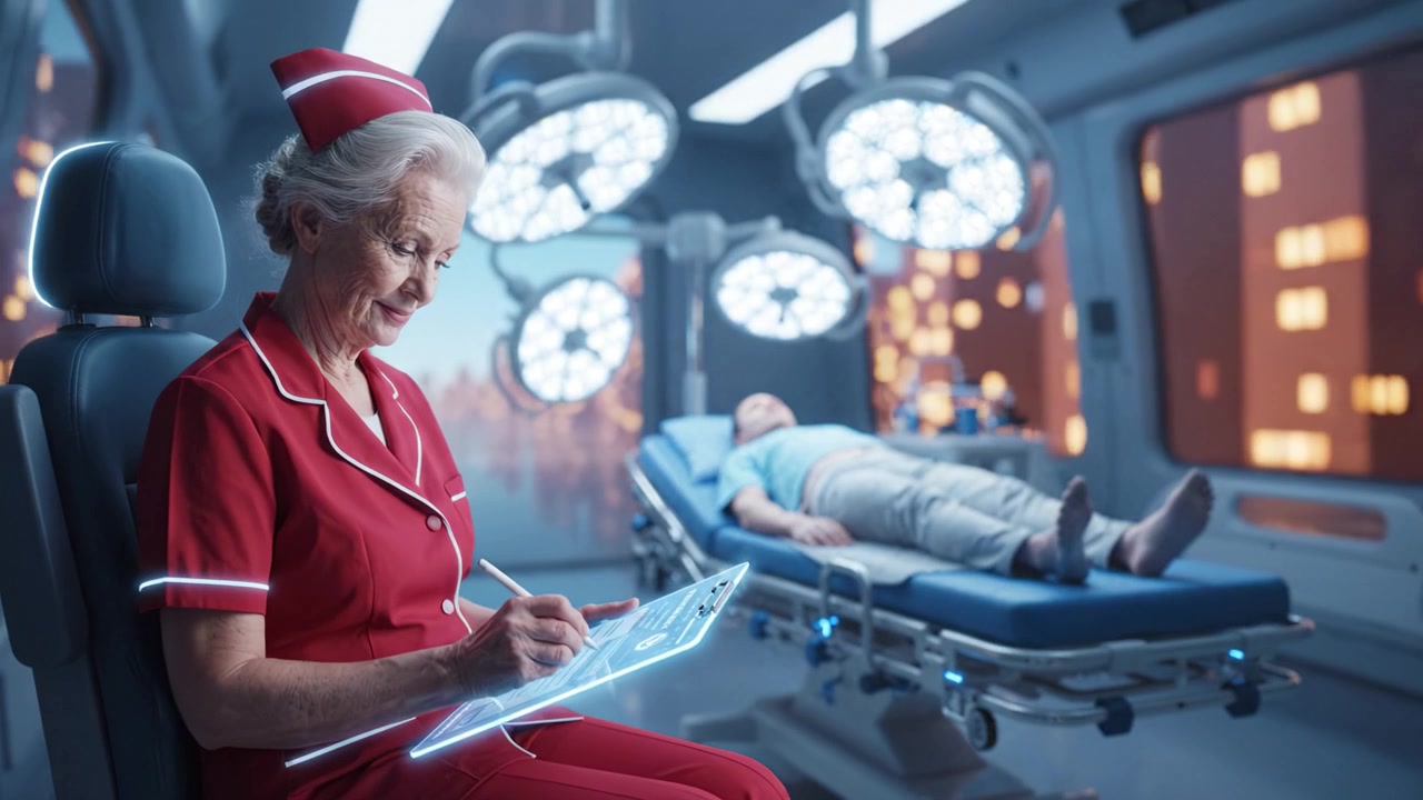Un'infermiera esperta analizza i dati dei pazienti in un ambiente medico futuristico con tecnologia avanzata che mostra organi vitali e parametri di salute per cure ottimali.