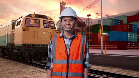 asian male engineer with safety helmet smiling to camera while standing with freight cargo train at port