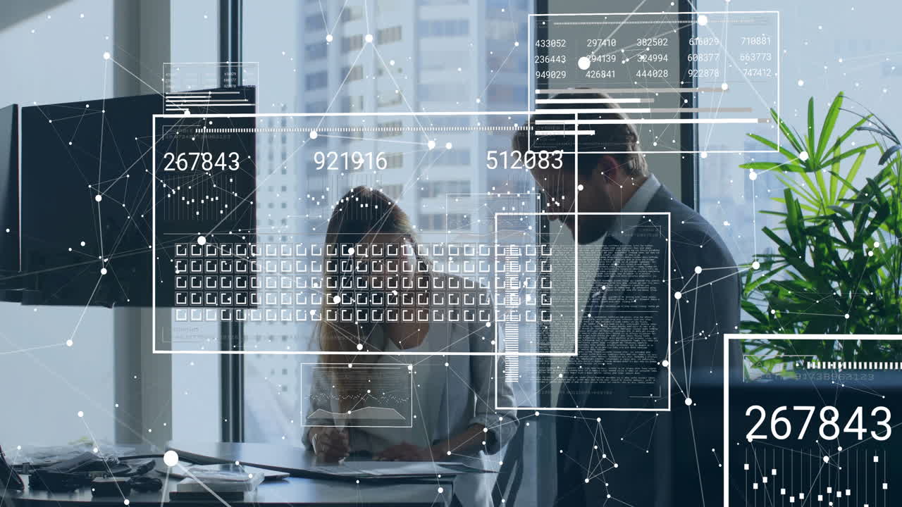 Animation of data processing over diverse business people in office