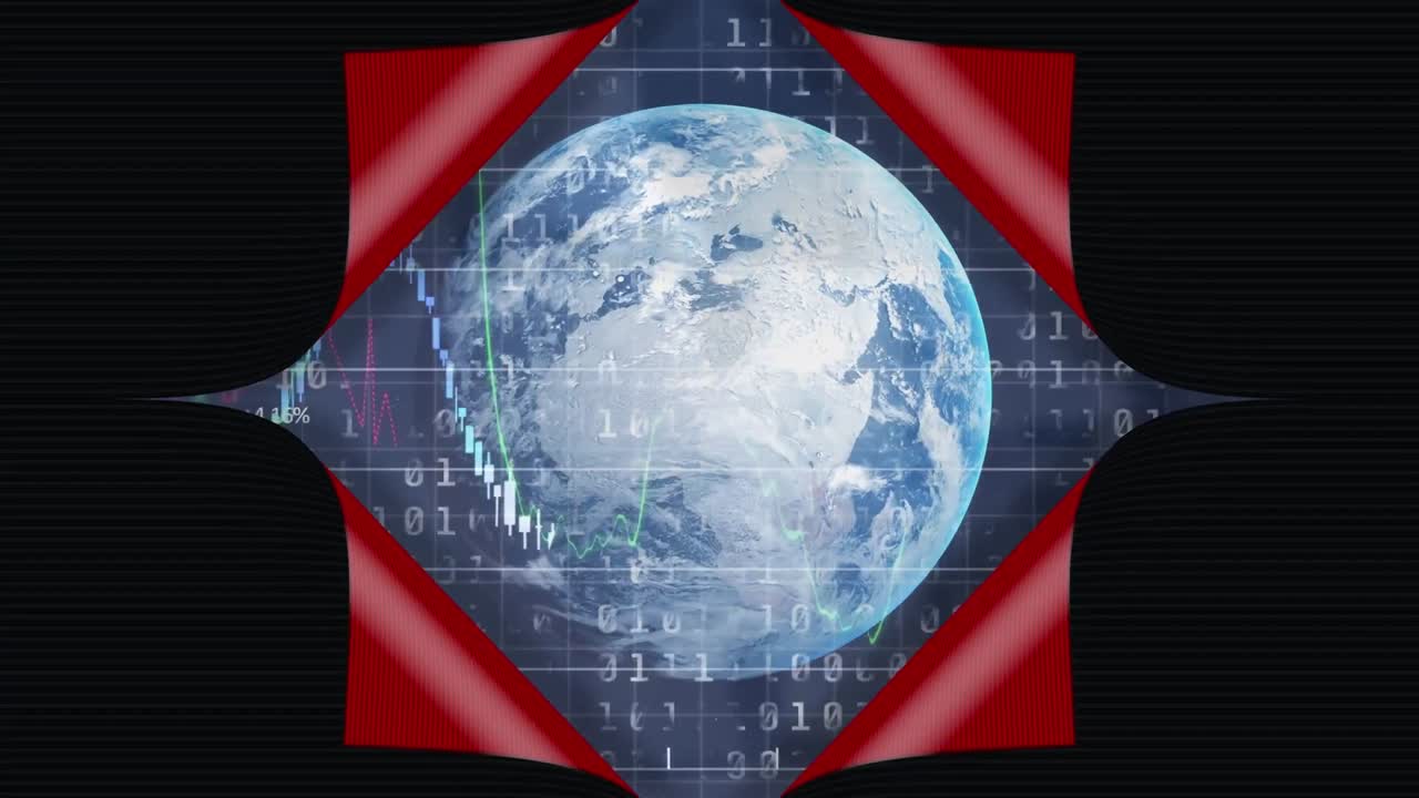 animación de pantalla roja que revela el globo, las estadísticas y la codificación binaria