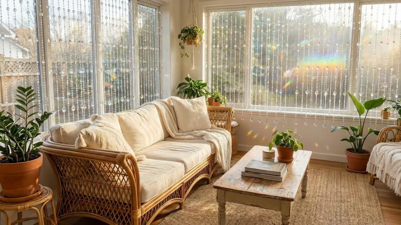 Cozy Sunroom Interior with Rattan Furniture and Plants