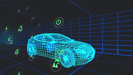 animación de múltiples iconos digitales sobre un modelo de coche 3d que se mueve en un patrón sin fisuras en un túnel