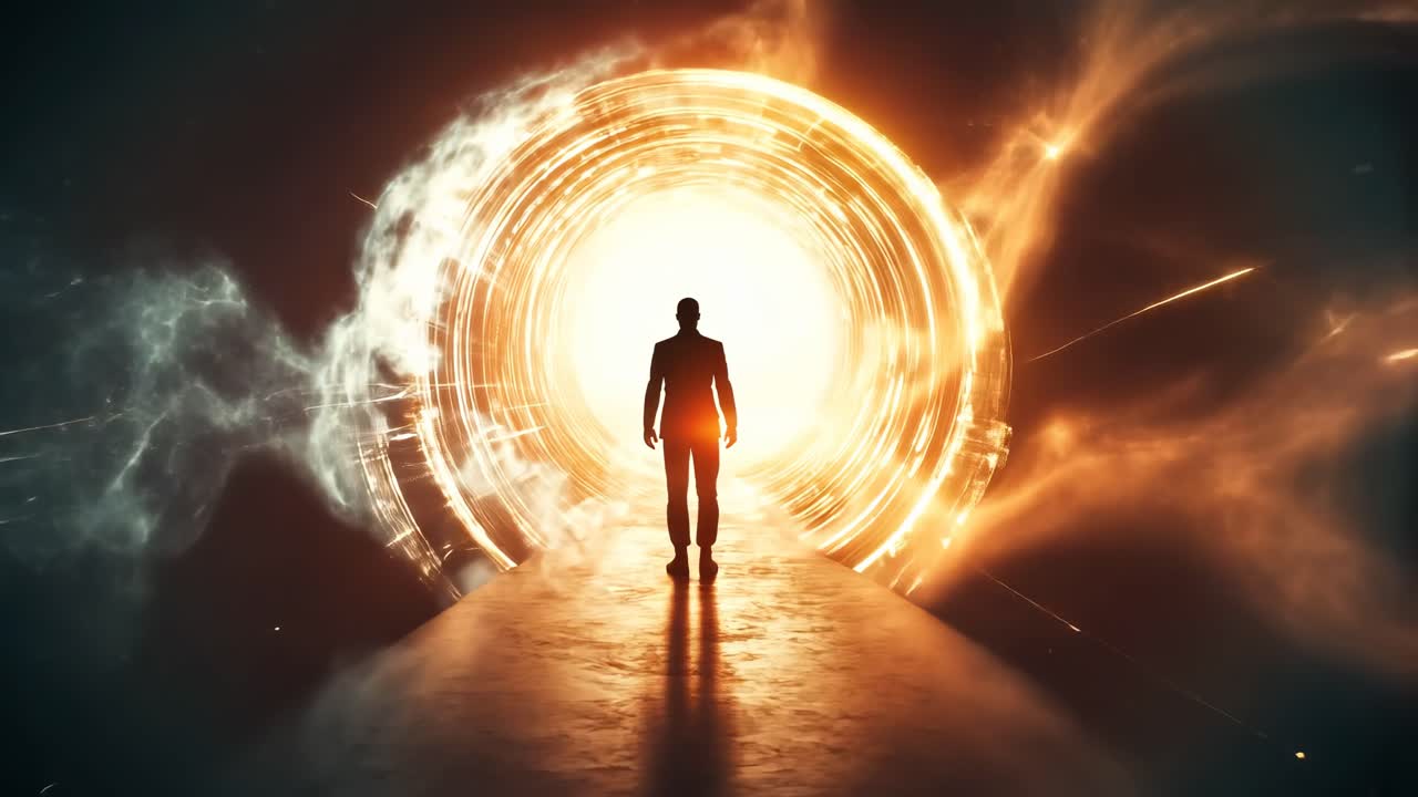 Silhouette of a person walking towards a glowing portal, viewed from behind