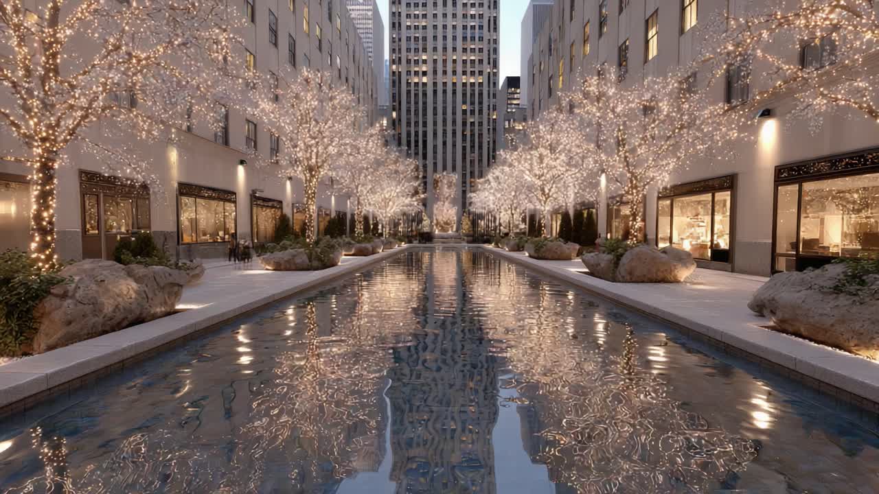 Stunning Evening View of a Beautifully Lit Urban Courtyard with a Reflective Pool Surrounded by Elegant Trees, Showcasing a Magical Atmosphere of Light and Tranquility