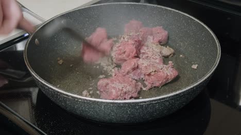 cooking ground beef in a pan on the stove
