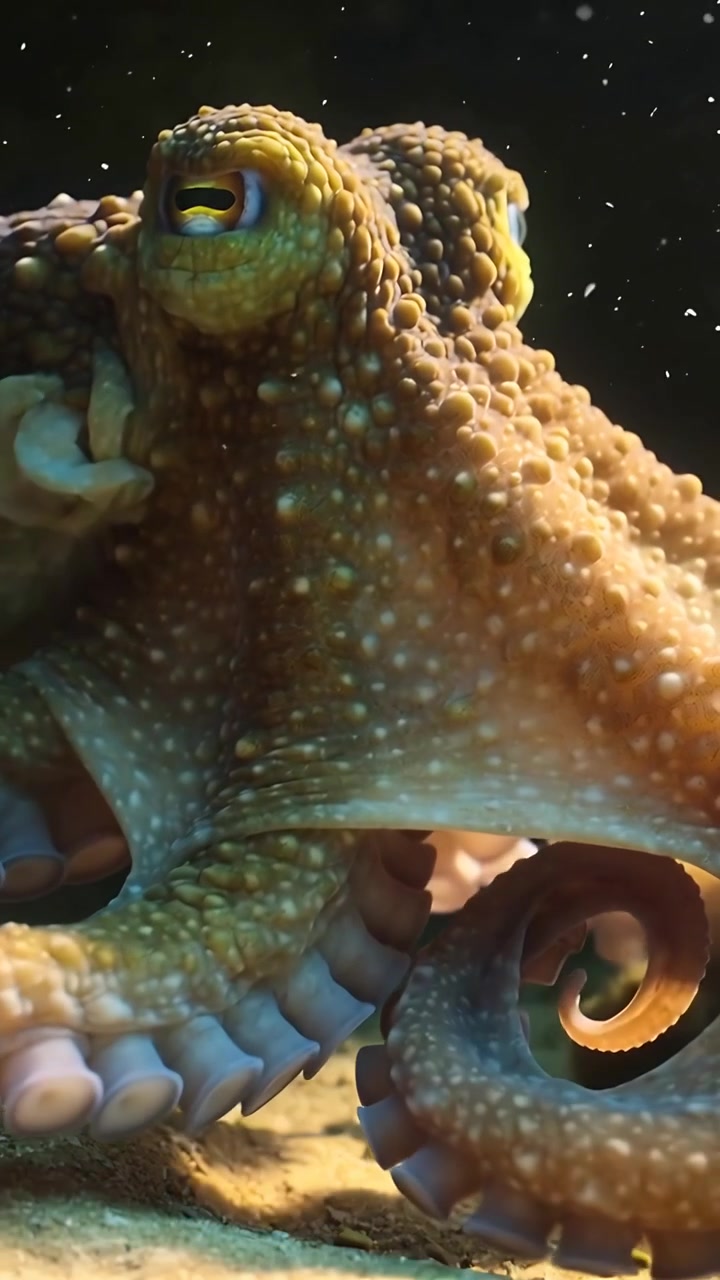 Vertical video: Curling octopus keeping low on sandy seafloor, showing suction cups and particles