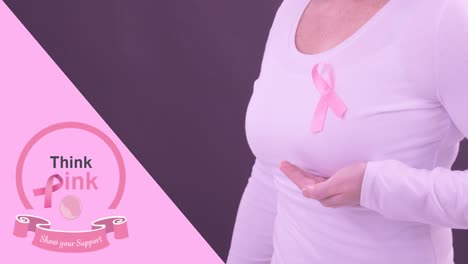 animation of breast cancer awareness text over caucasian woman