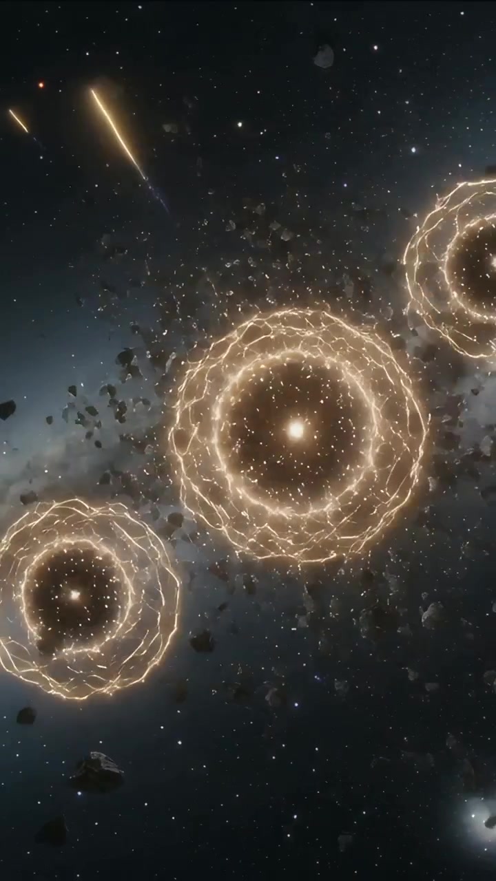 Vertical video: Surging three bright rings ejecting glowing debris in space, forming arcing sparks