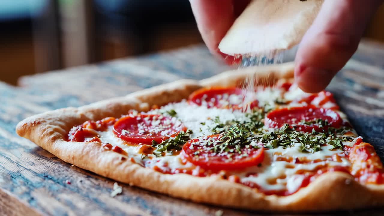 Person topping a slice of pizza