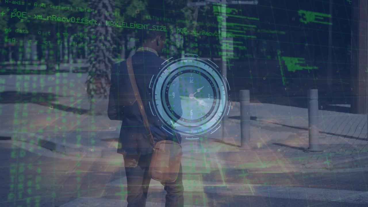 Animation of clock moving over african american businessman walking