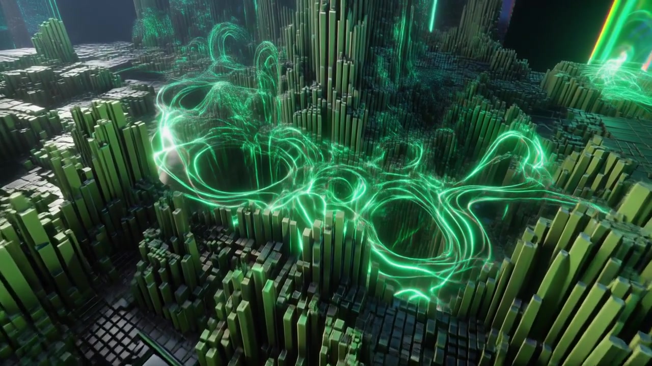 Abstract Digital Landscape with Glowing Green Energy Flowing Through Geometric Pillars
