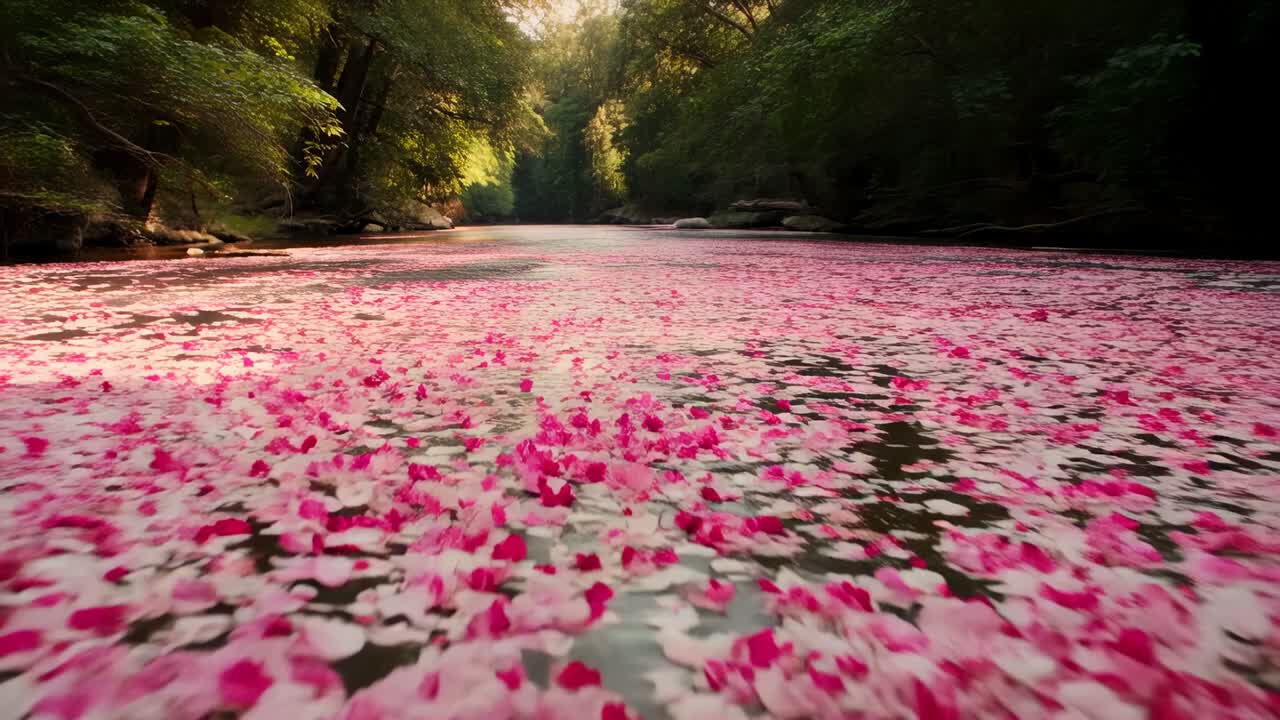 低いカメラ、ピンクと白の花びらが、木々が生い茂る小川を下り、太陽が差し込む隙間に向かって漂っている様子。
