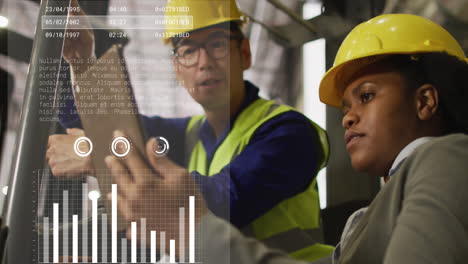 animación del procesamiento de datos y estadísticas sobre diversos ingenieros en el almacén