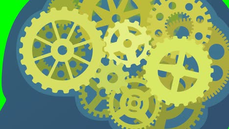 zoom out on the cogs spinning in the head of a silhouette of a man on green background (flat design)