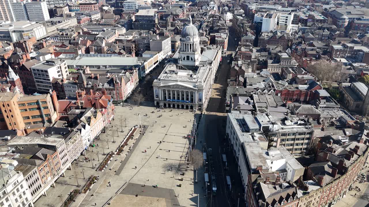 Descending drone,aerial Nottingham City centre UK