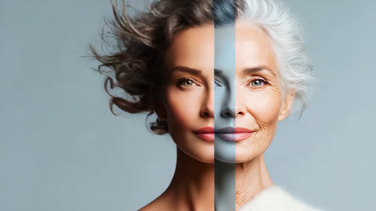 A Stunning Contrast of Beauty and Aging: This Image Portrays the Journey Through Time, Capturing the Essence of Youthful Radiance on One Side and the Grace of Maturity on the Other, With an Elegant Touch