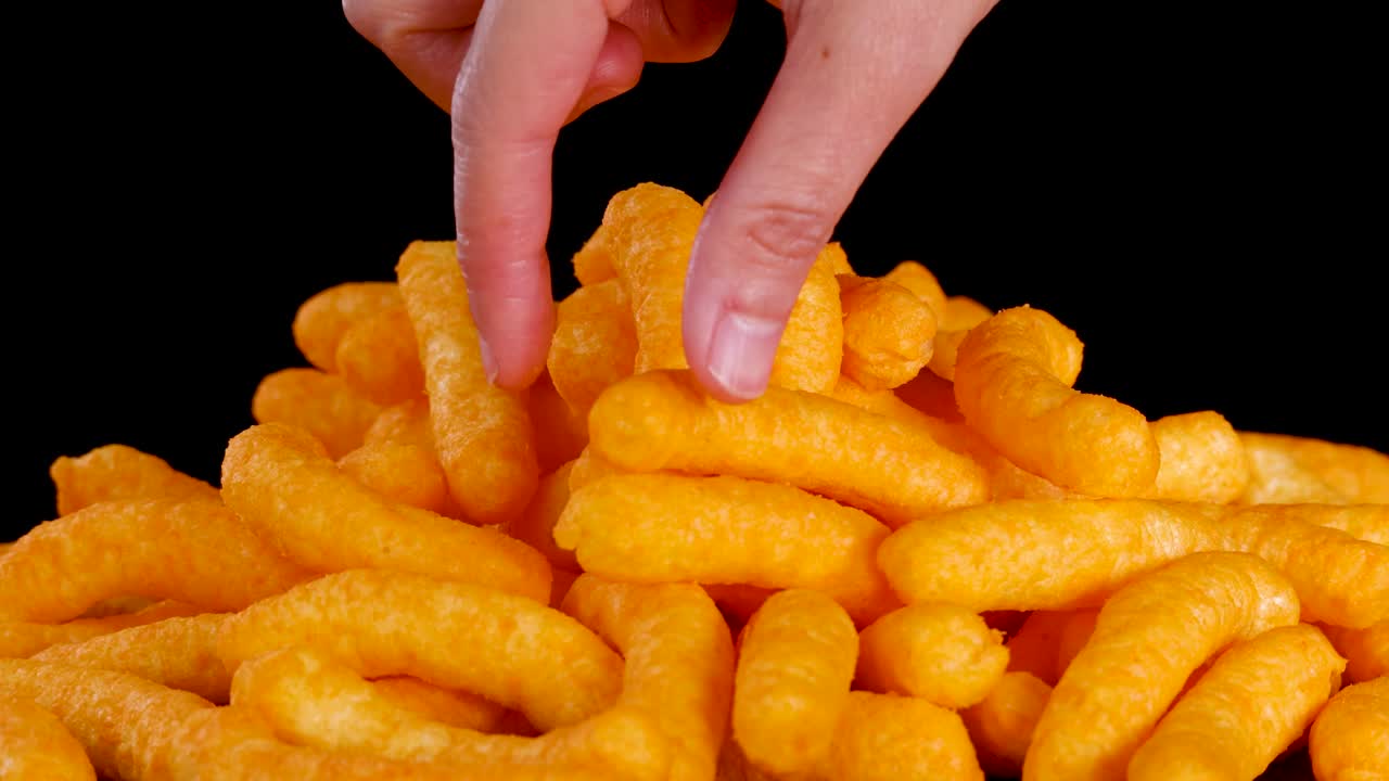 Human hand selects cheese puff snack from pile, close-up, bright lighting, black background