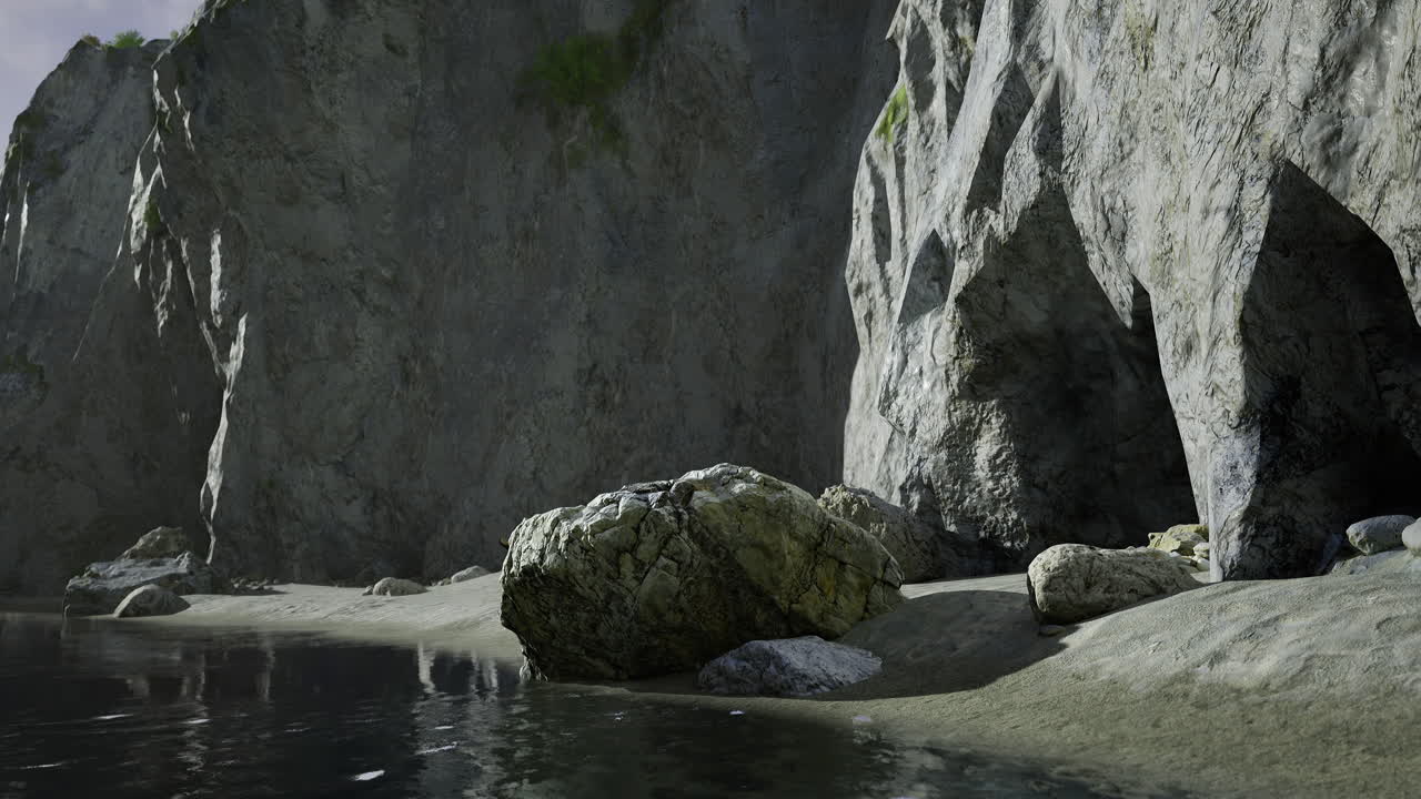 Majestic cliffs rise over tranquil waters at sunset near a serene beach