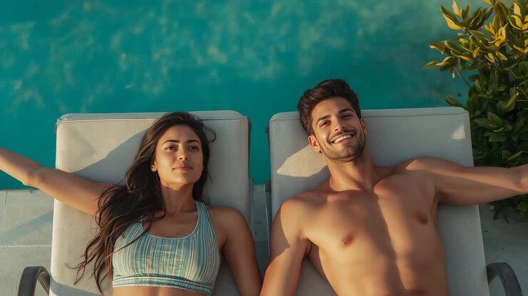 Relaxing striped top woman and shirtless man lying on lounges at pool for leisure, camera starting