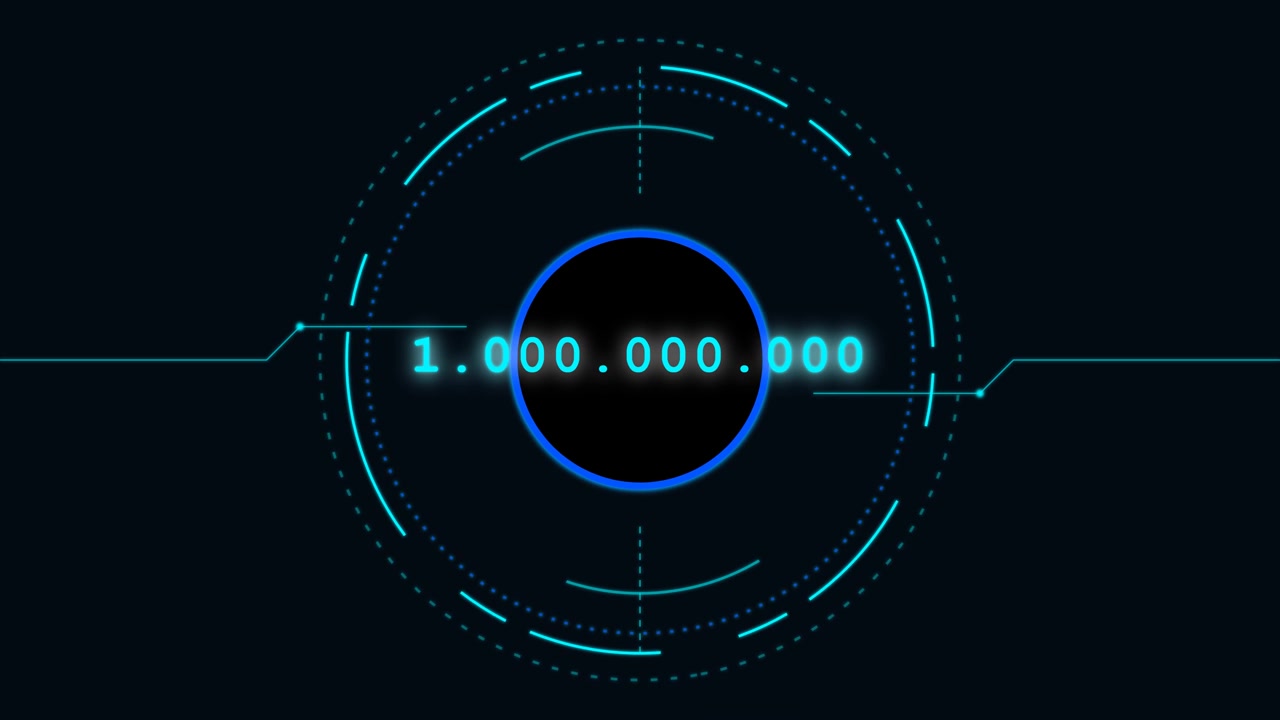 Digital HUD Interface with Rotating Circular Elements and Number Display
