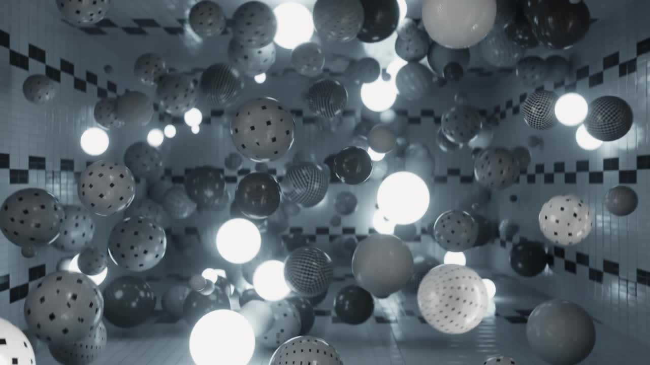 카메라는 동적 떠다니는 구들로 가득 찬 방으로 밀려갑니다.