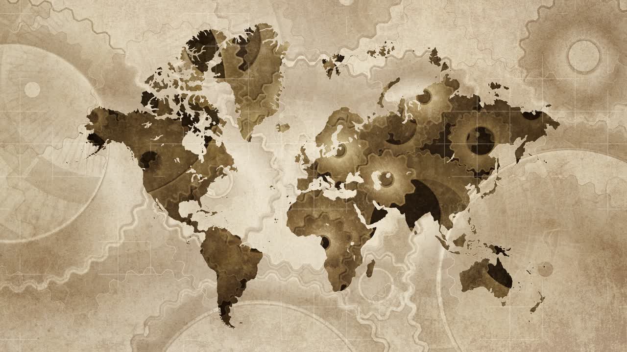 Animación de mapamundi de relojería con continentes formados por engranajes giratorios sobre una textura de papel vintage, conectividad empresarial global y tecnología industrial