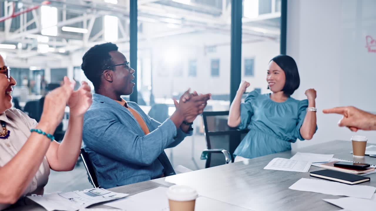 Success, high five and business people happy