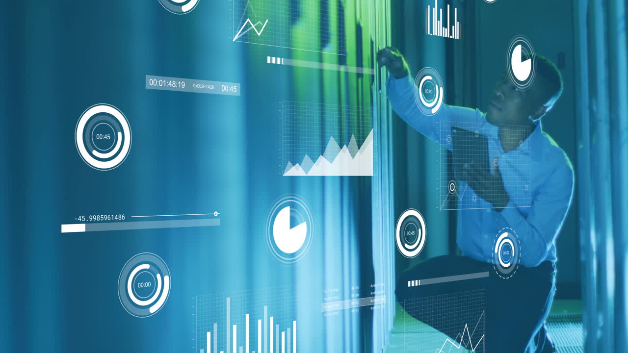 Animation of financial data processing over african american businessman working in server room