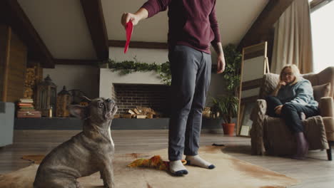 hombre de pie mientras juega con su perro en la sala de estar en casa