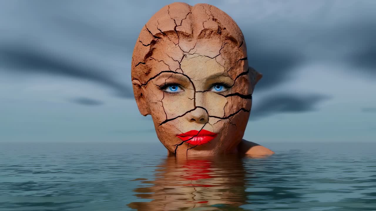 Female silhouette breaking through reflective water, expressing raw emotion under stormy sky, vivid red lips contrasting piercing blue eyes revealing inner vulnerability