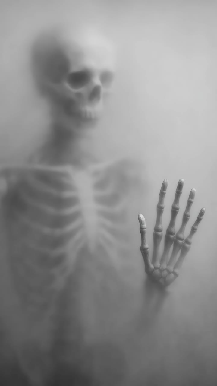 Eerie video concept with a close-up, foggy view of a skeleton reaching out