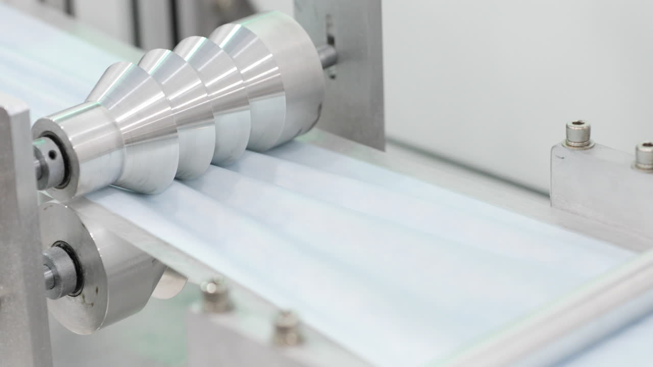 일회용 마스크용 파란색 천에 주름을 만드는 기계가 작동합니다.