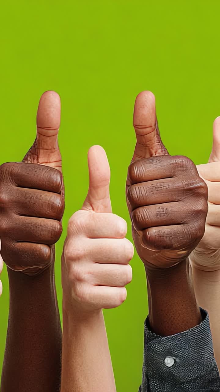 A Diverse Group of Hands Giving Thumbs Up Against a Bright Green Background Showcasing Unity, Positivity, and Inclusion in a Vibrant Setting