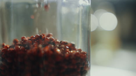 Close-up-shot-of-aromatic-spice-seeds-falling-into-a-glass-jar