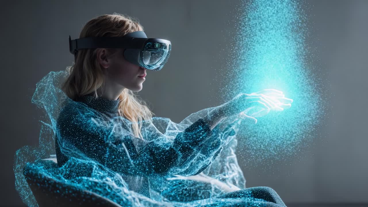 Exploring Virtual Realities: A Young Woman Engaged with Advanced VR Technology Surrounded by Ethereal Digital Particles, Experiencing Immersive Environments in a New Dimension of Interaction