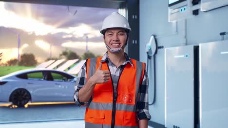 asian male engineer with safety helmet smiling and showing thumbs up gesture to the camera while standing with home energy storage system in a modern garage