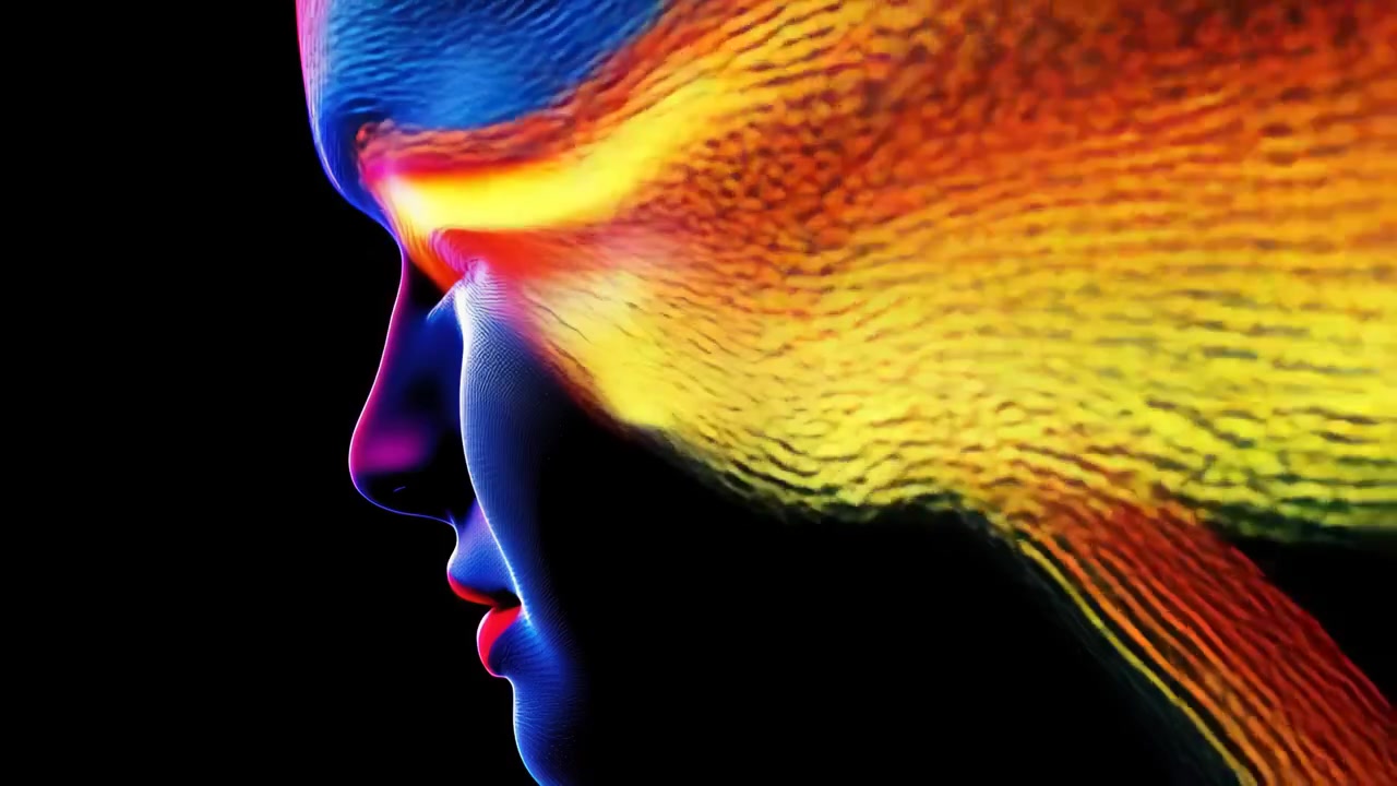 Abstract Digital Human Head with Flowing Colorful Light Streams