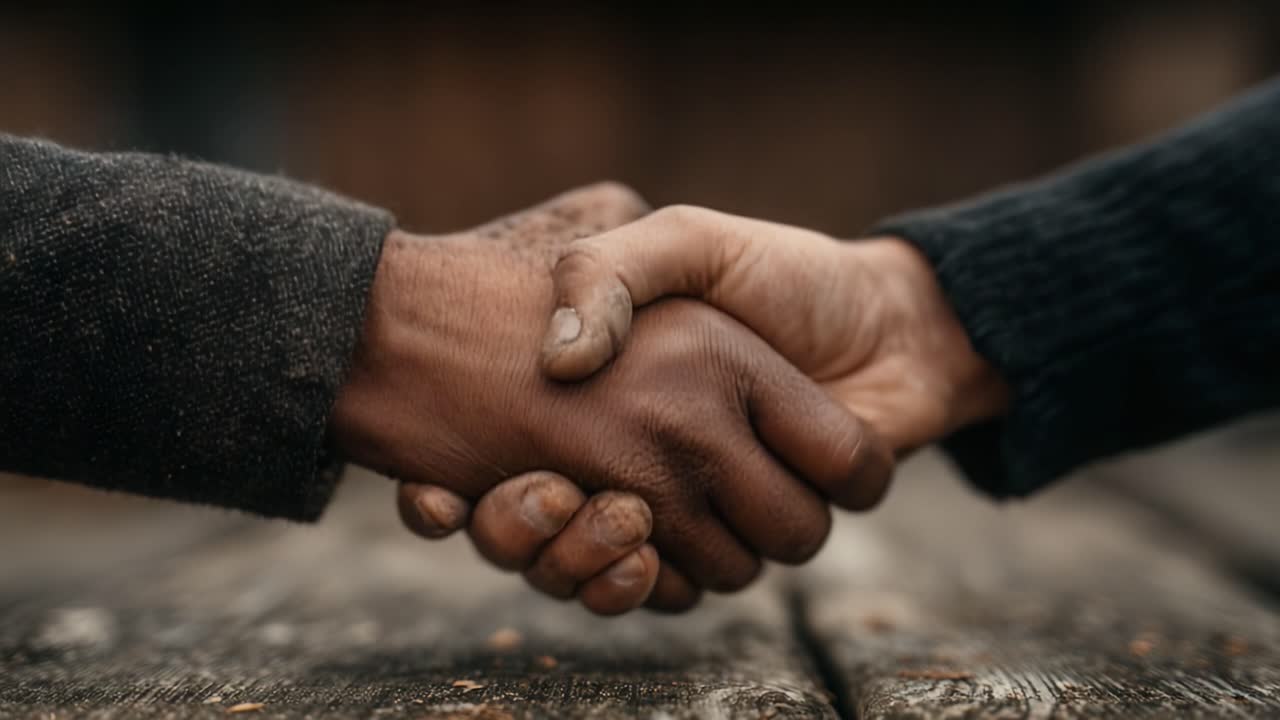 A Powerful Moment of Unity and Collaboration: Two Hands Shake Firmly, Symbolizing Trust, Agreement, and Commitment Amidst a Rustic Background in Close Proximity