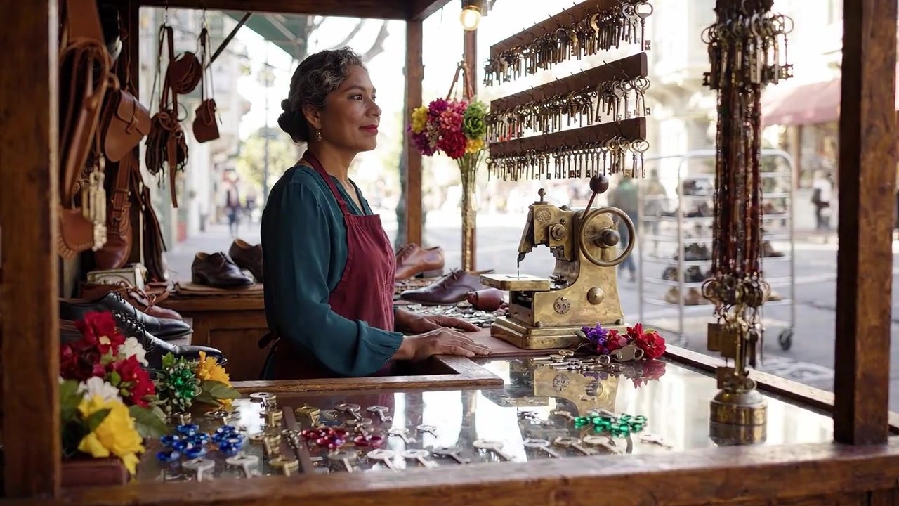 Donna artigiana presso una bancarella di artigianato vintage che espone accessori fatti a mano con una macchina da cucire antica e gioielli colorati in mezzo a una vivace atmosfera di mercato.