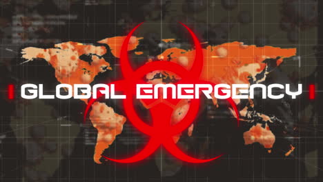 animation of covid 19 text and biohazard symbol over world map