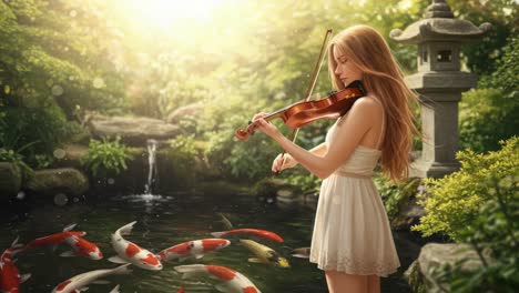 a serene moment: a young woman plays the violin in a tranquil garden surrounded by colorful koi fish, creating a harmonious blend of music and nature's beauty